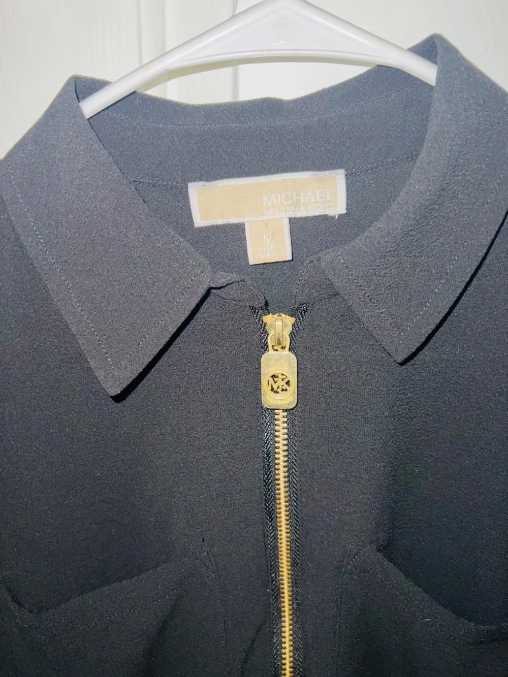 Michael Kors Black Gold Half Dog Tag Zip Blouse with Roll Up Sleeves Size Medium